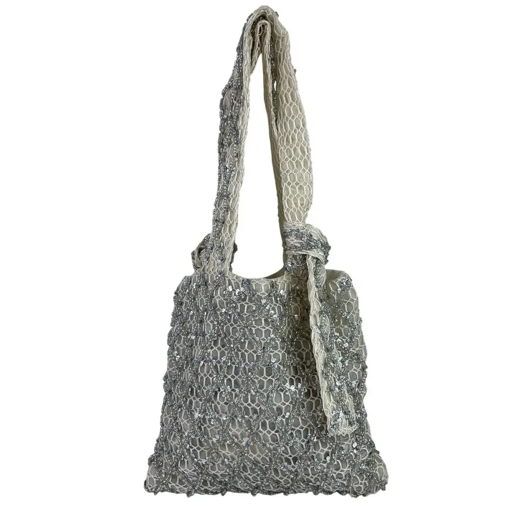 Zara Women's Silver Beaded Embellished Mesh Bow Tie Boho Tote Handbag Size OS